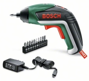 Bosch IXO Mini Akkuschrauber 3,6 V / 1,5 Ah DIY Set 5. Generation, Winkelaufsatz, Exzenteraufsatz, 10 Schrauberbits, USB-Ladegerät, Metalldose